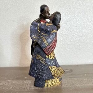 African Kissing Couple Figurine Home Decor Blue Gold Afrocentric Romance Statue